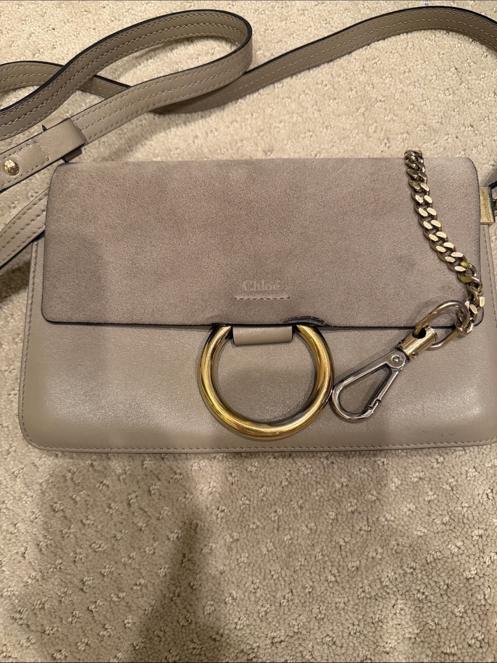 Small Faye Leather & Suede Shoulder Bag in Taupe
